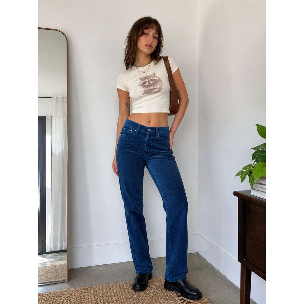 DENIM FORUM Blue Corduroy Arlo High Rise Straight Pants Trousers Women's Size 26